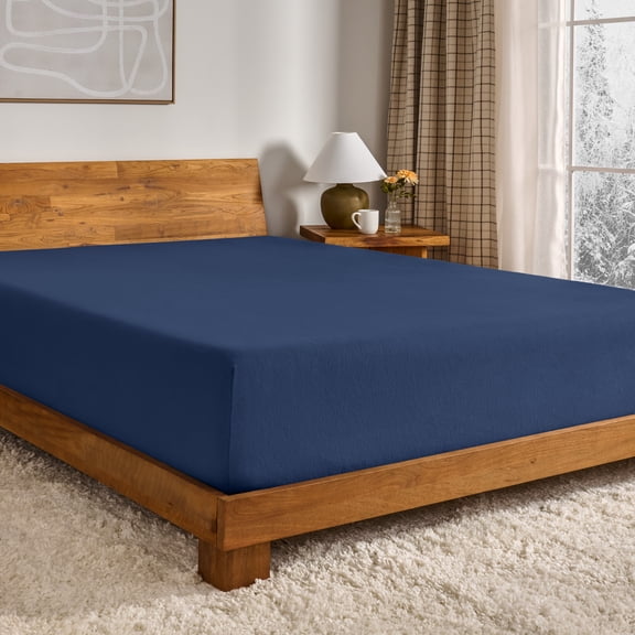 Bare Home Flannel Fitted Sheet - 100% Flannel Cotton - Double Brushed - King, Dark Blue