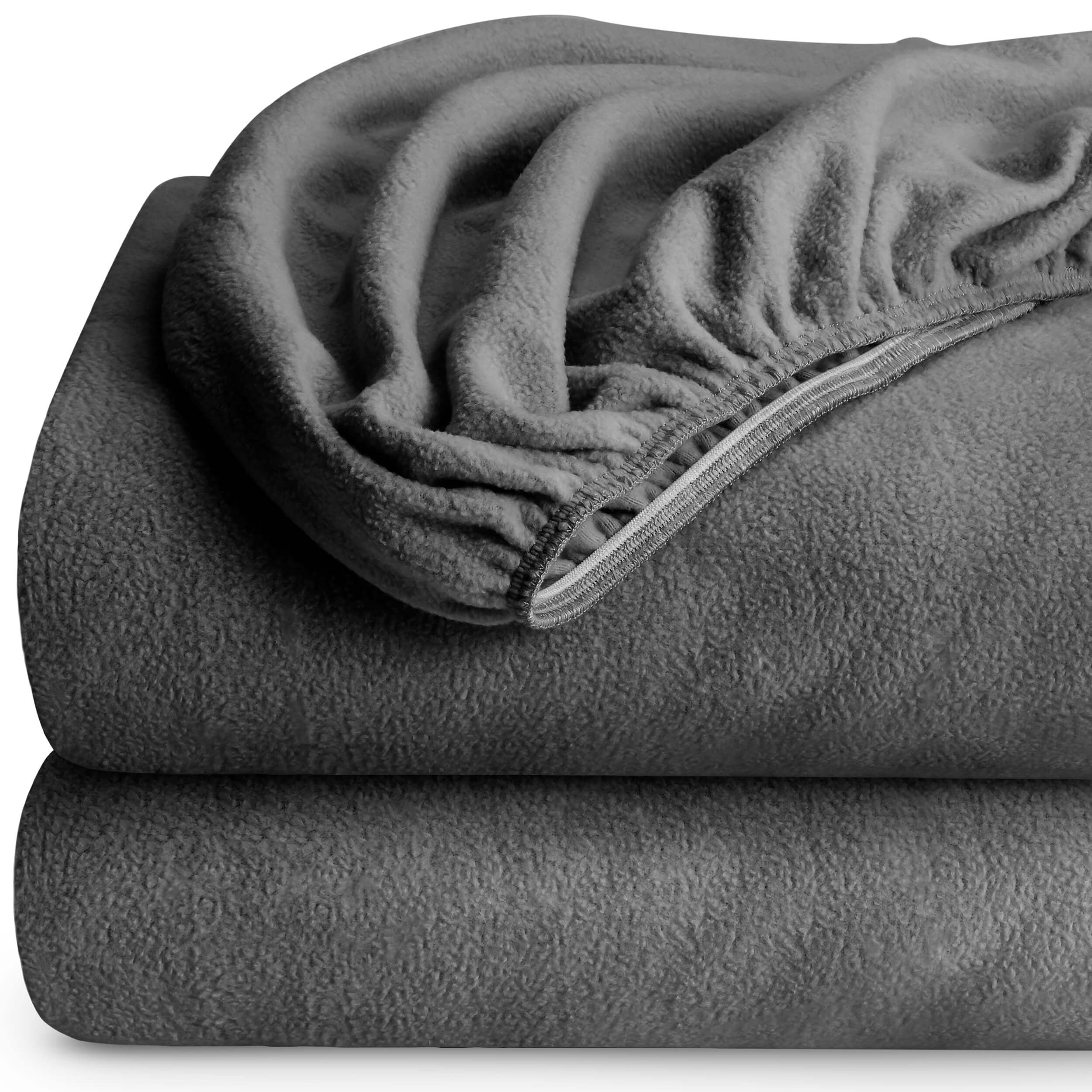 Bare Home Fleece Fitted Sheet, Plush Polar Fleece, Deep Pocket, Full XL, 2 Pack, Gray