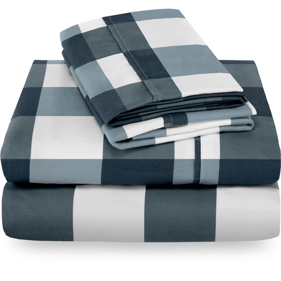 Bare Home Gingham Blue Microfiber Sheet Set, Wrinkle Resistant, Deep Pocket, Queen