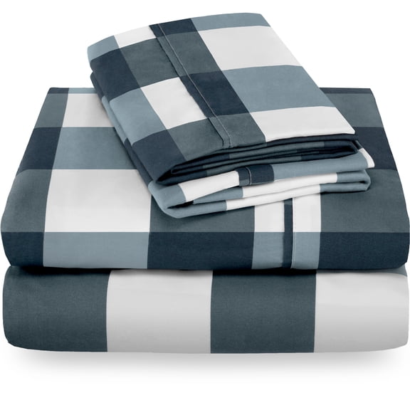 Bare Home Gingham Blue Microfiber Sheet Set, Wrinkle Resistant, Deep Pocket, Split King