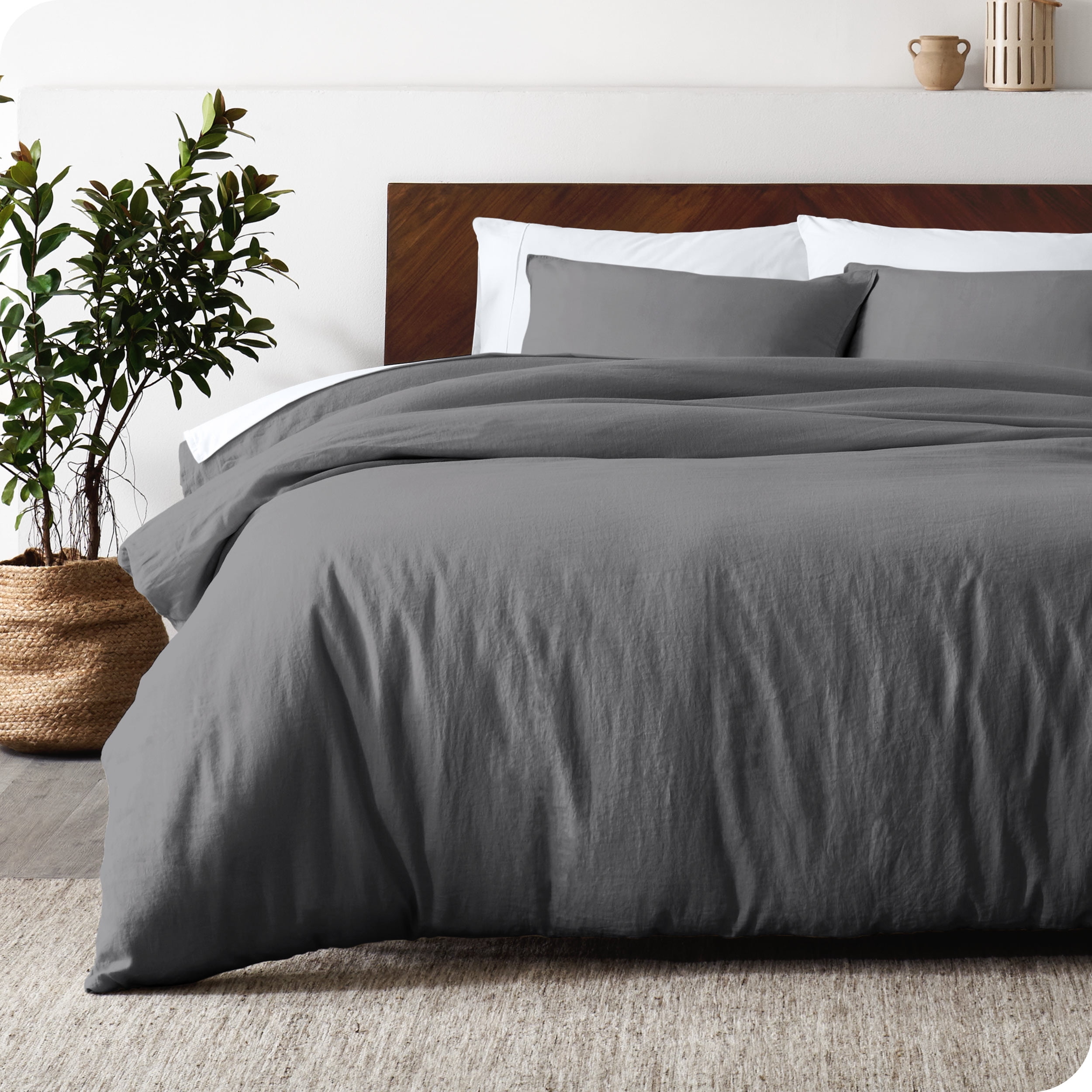 Grey Queen Linen Duvet Cover Set with Pillow Shams