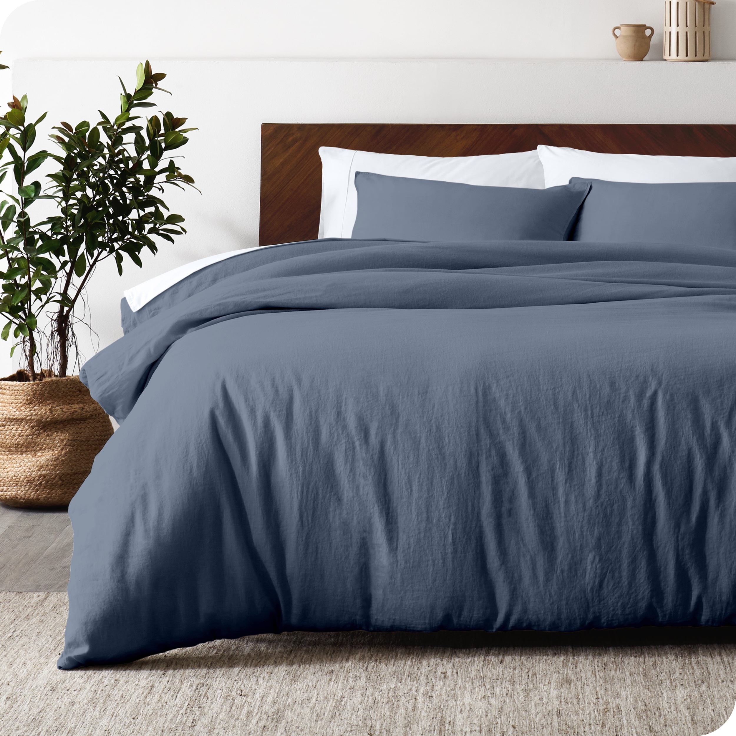 Indigo Full/Queen Linen Duvet Cover Set with Pillow Shams