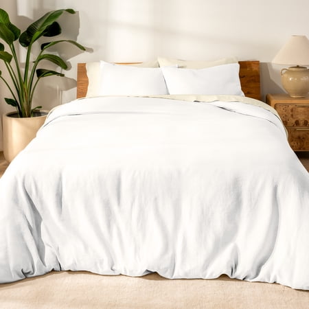 Bare Home Linen Duvet Cover Set - Lightweight & Breathable - Full/Queen, White, 3-Pieces