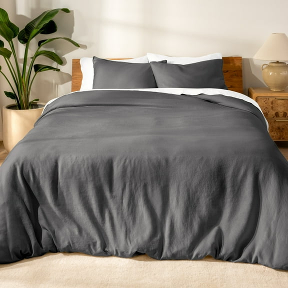 Bare Home Linen Duvet Cover Set - Lightweight & Breathable - King/Cal King, Gray, 3-Pieces