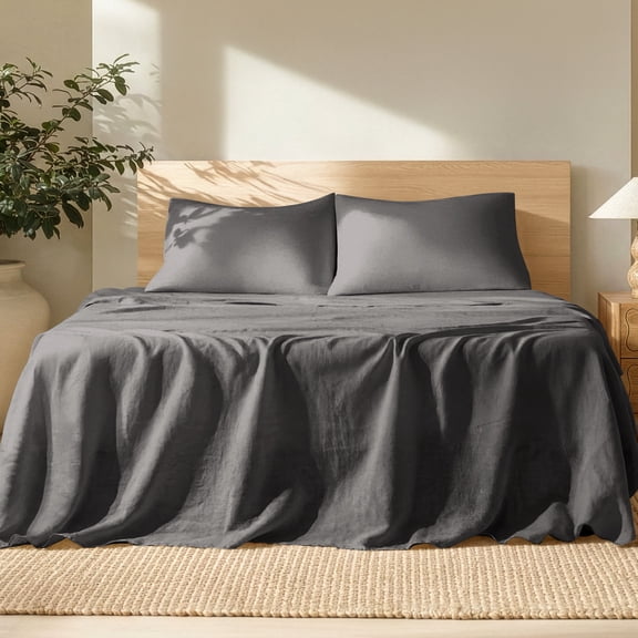 Bare Home Linen Sheet Set - Deep Pocket - Breathable - 3-Pieces - Twin, Dark Gray