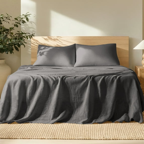 Bare Home Linen Sheet Set - Deep Pocket - Breathable - 4-Pieces - Queen, Dark Gray