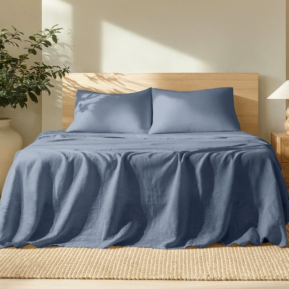 Bare Home Linen Sheet Set - Deep Pocket - Breathable - 5-Pieces - Split King, Indigo