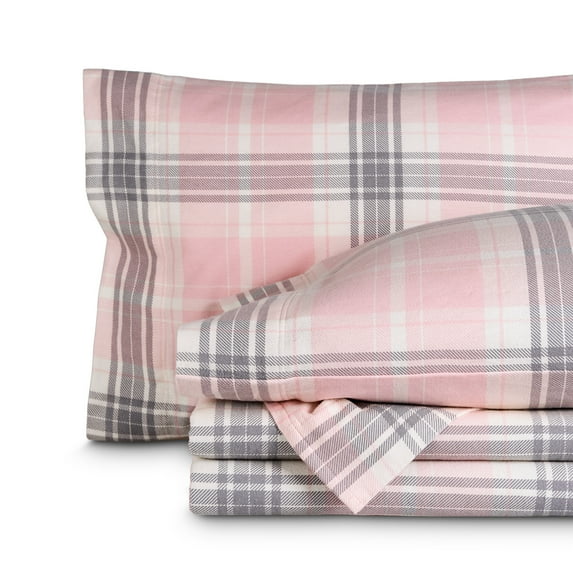 Bare Home Luxury 100% Cotton Flannel California King Sheet Set, Deep Pocket, 4-Piece, Aurora Plaid - Pink