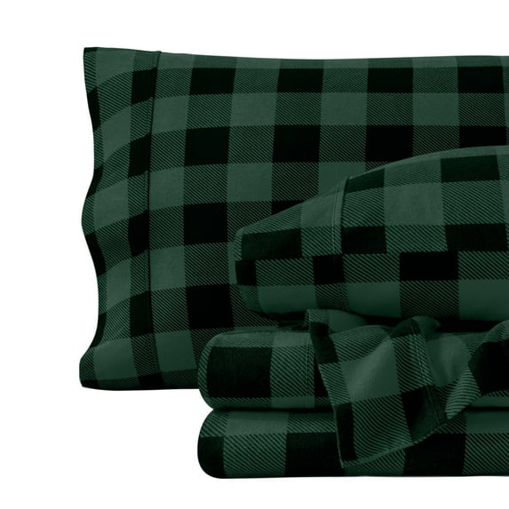 Bare Home Luxury 100% Cotton Flannel California King Sheet Set, Deep Pocket, 4-Piece, Buffalo Plaid - Forest Green/Black