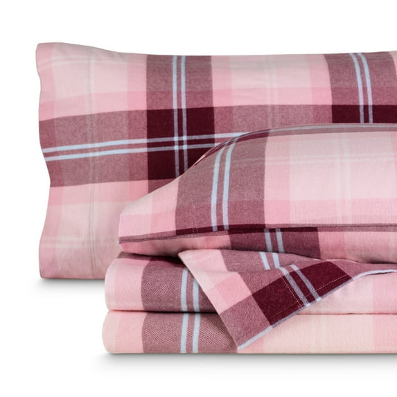 Bare Home Luxury 100% Cotton Flannel California King Sheet Set, Deep Pocket, 4-Piece, Symphony Plaid - Pink