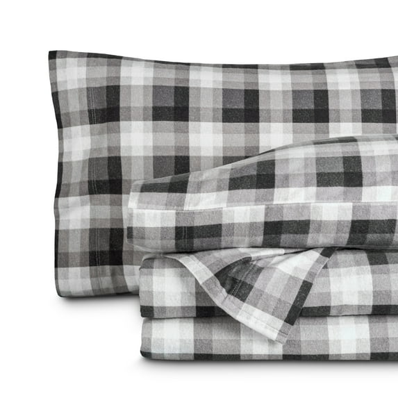 Bare Home Luxury 100% Cotton Flannel Full Sheet Set, Deep Pocket, 4-Piece, Oliver Plaid - Gray
