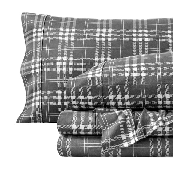 Bare Home Luxury 100% Cotton Flannel Full Sheet Set, Deep Pocket, 4-Piece, Stirling Plaid - Gray/White