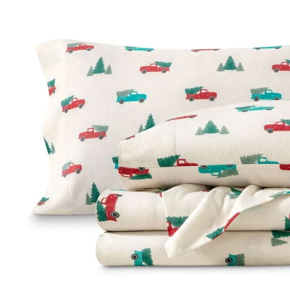 Bare Home Luxury 100% Cotton Flannel Full Sheet Set, Deep Pocket, 4-Piece, Vintage Truck