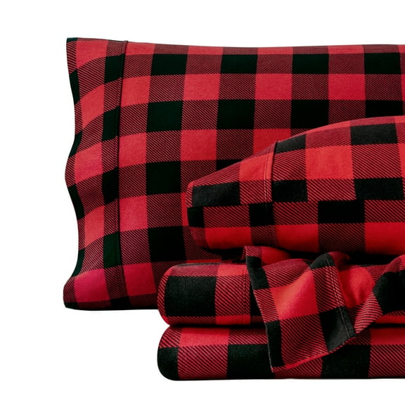 Bare Home Luxury 100% Cotton Flannel King Sheet Set, Deep Pocket, 4-Piece, Buffalo Plaid - Red/Black