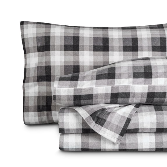 Bare Home Luxury 100% Cotton Flannel King Sheet Set, Deep Pocket, 4-Piece, Oliver Plaid - Gray
