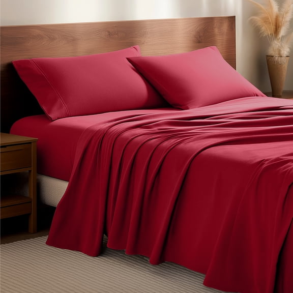 Bare Home Luxury 100% Cotton Flannel King Sheet Set, Deep Pocket, 4-Piece, Red