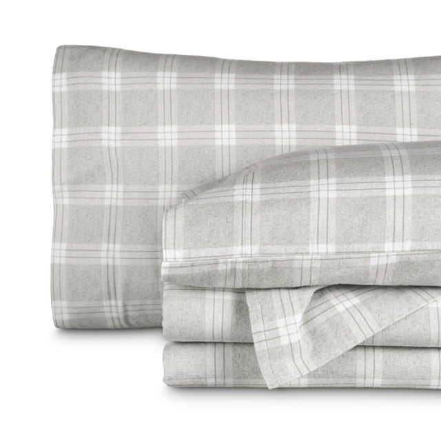 Bare Home Luxury 100% Cotton Flannel Queen Sheet Set, Deep Pocket, 4-Piece, Checkered Plaid - Light Gray