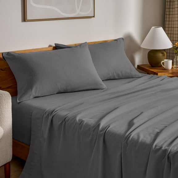 Bare Home Luxury 100% Cotton Flannel Queen Sheet Set, Deep Pocket, 4-Piece, Gray