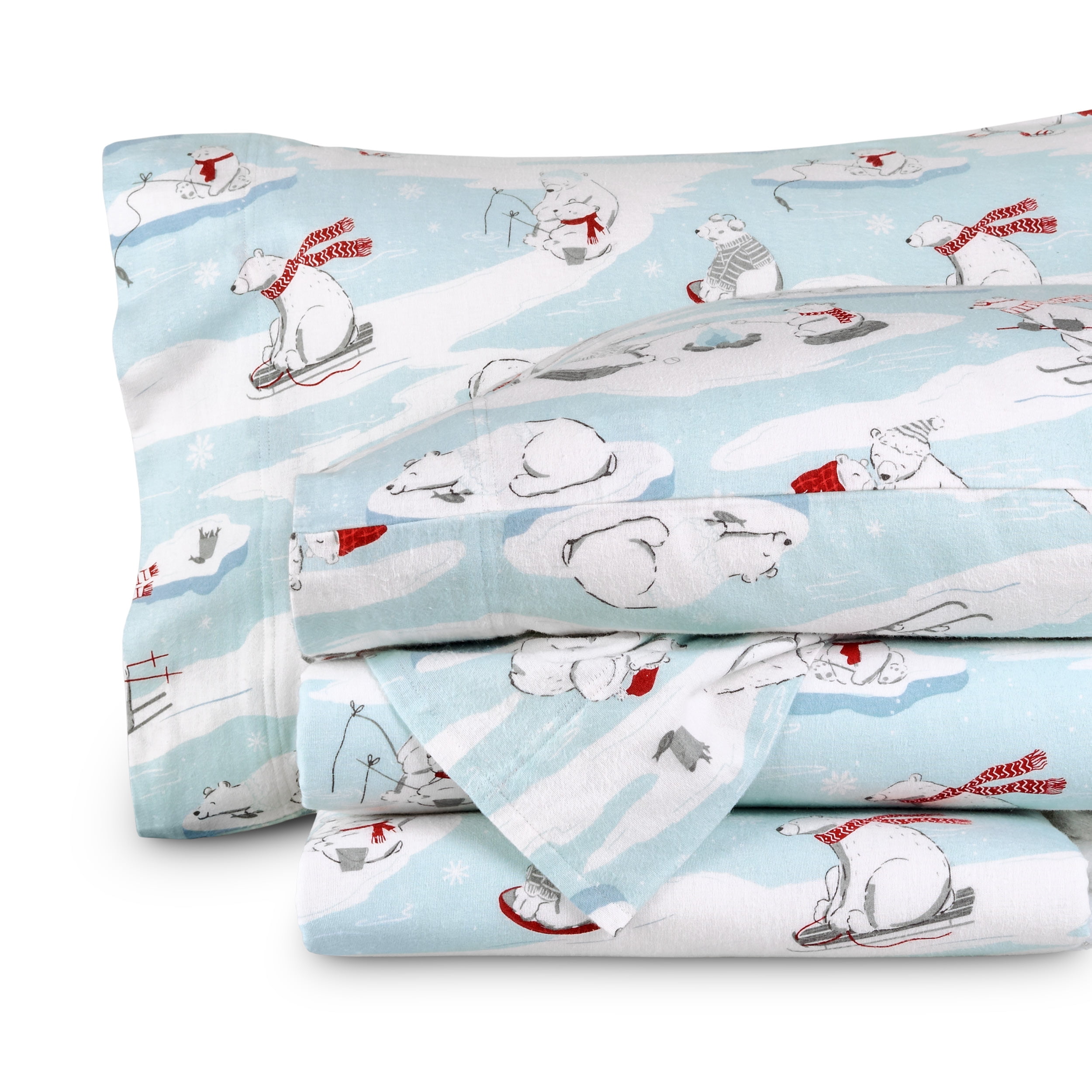 Polar Bears Light Blue Cotton Flannel Queen Sheet Set