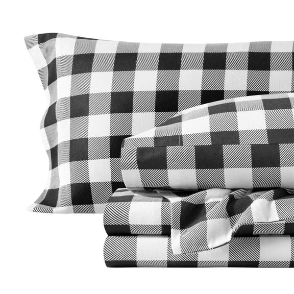 Bare Home Luxury 100% Cotton Flannel Split King Sheet Set, Deep Pocket, 5-Piece, Buffalo Plaid - White/Black
