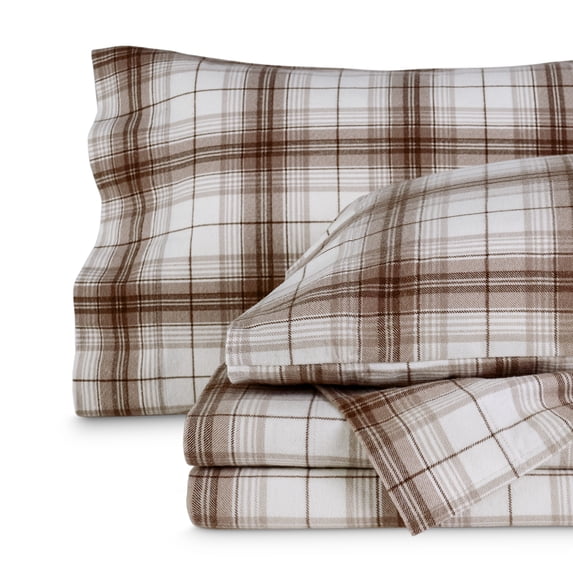 Bare Home Luxury 100% Cotton Flannel Split King Sheet Set, Deep Pocket, 5-Piece, Chesapeake Plaid - Neutral
