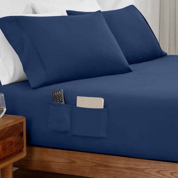 Bare Home Luxury 1800 Collection Fitted Sheet, Dual Side Pockets, Deep Pocket, Full, Dark Blue