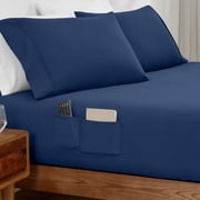 Bare Home Luxury 1800 Collection Fitted Sheet, Dual Side Pockets, Deep Pocket, King, Dark Blue