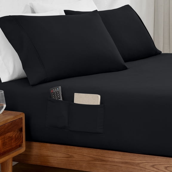 Bare Home Luxury 1800 Collection Fitted Sheet, Dual Side Pockets, Deep Pocket, Queen, Black