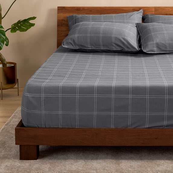 Bare Home Luxury 1800 Collection Fitted Sheet, Ultra-Soft, Deep Pocket, Twin, Modern Plaid - Gray/White
