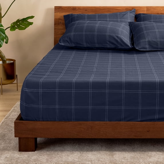 Bare Home Luxury 1800 Collection Fitted Sheet, Ultra-Soft, Deep Pocket, Twin-XL, Modern Plaid - Midnight Blue/White