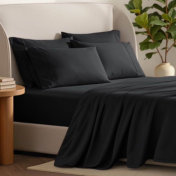 Bare Home Luxury Bed Sheet Set - Premium 1800 Collection - 6 Piece - Queen, Black