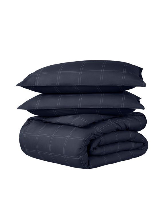 Luxury Duvet Cover and Sham Set - Premium 1800 Collection - Ultra-Soft - Full, Modern Plaid - Midnight Blue/White, 3-Pieces