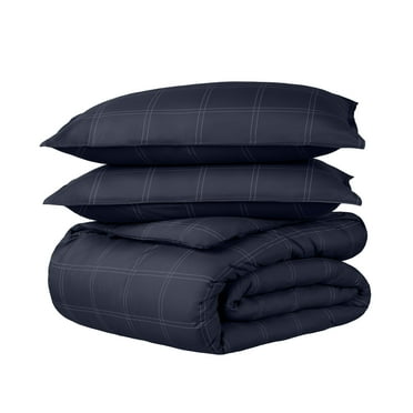 Bare Home Luxury Duvet Cover and Sham Set - Premium 1800 Collection - Ultra-Soft - Full, Modern Plaid - Midnight Blue/White, 3-Pieces