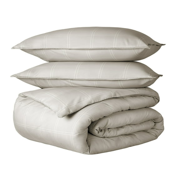 Bare Home Luxury Duvet Cover and Sham Set - Premium 1800 Collection - Ultra-Soft - Full, Modern Plaid - Stone/White, 3-Pieces