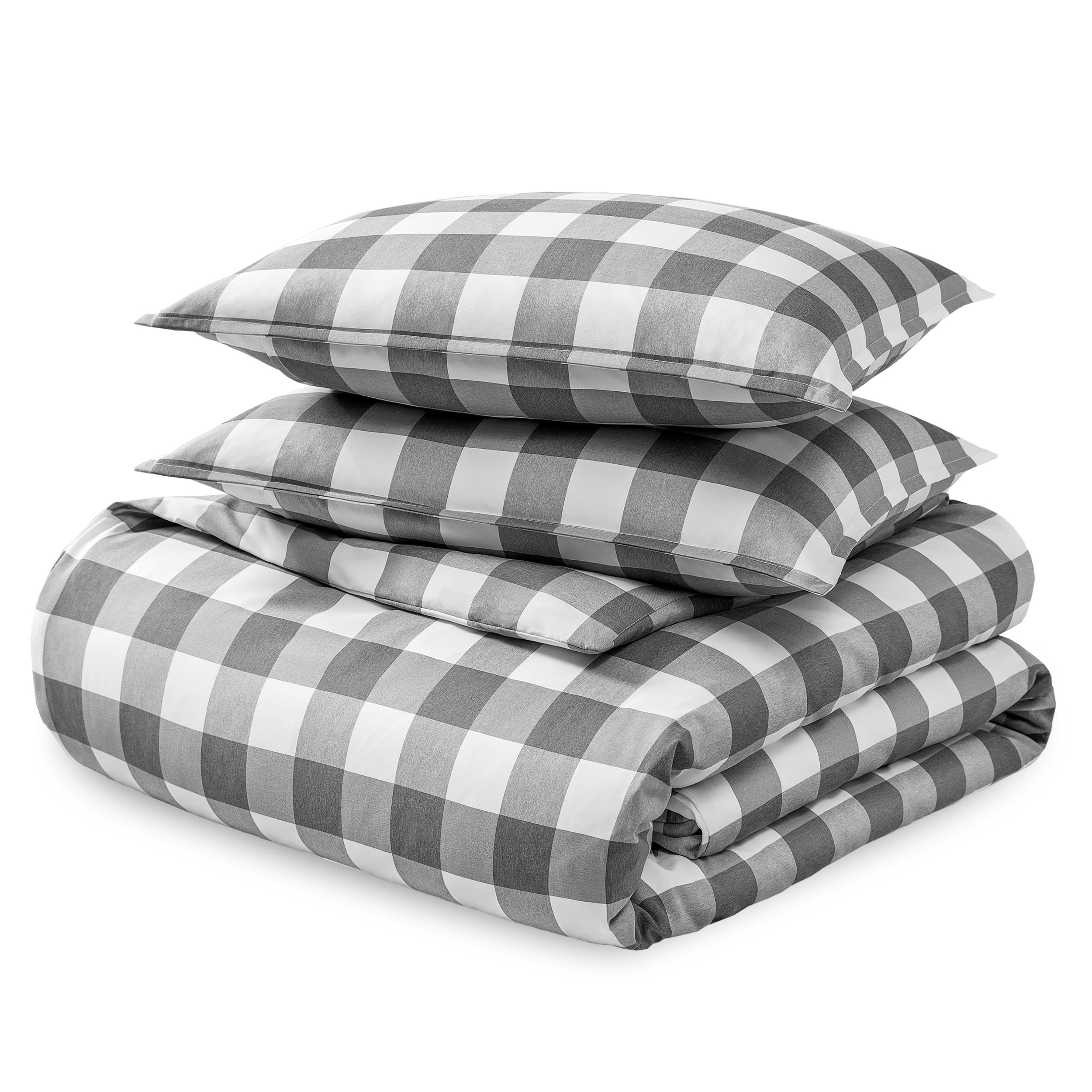 Full Plaid Heathered Charcoal Microfiber Duvet Cover Set