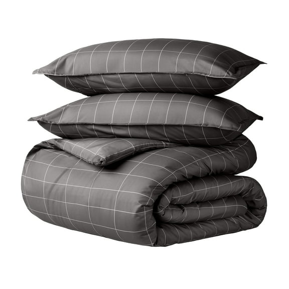 Bare Home Luxury Duvet Cover and Sham Set - Premium 1800 Collection - Ultra-Soft - Oversized Queen, Grid - Gray/White, 3-Pieces
