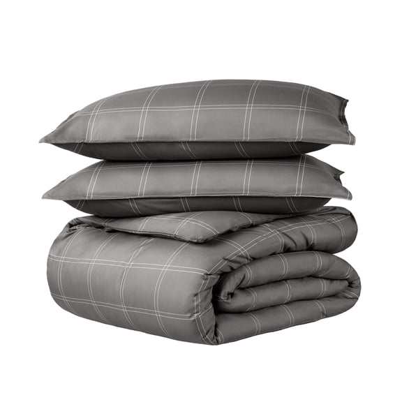 Bare Home Luxury Duvet Cover and Sham Set - Premium 1800 Collection - Ultra-Soft - Oversized Queen, Modern Plaid - Gray/White, 3-Pieces