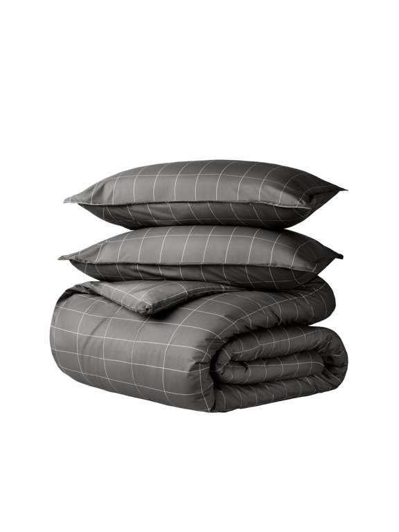 Luxury Duvet Cover and Sham Set - Premium 1800 Collection - Ultra-Soft - Queen, Grid - Gray/White, 3-Pieces
