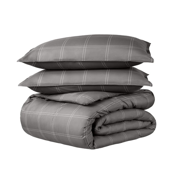 Bare Home Luxury Duvet Cover and Sham Set - Premium 1800 Collection - Ultra-Soft - Queen, Modern Plaid - Gray/White, 3-Pieces