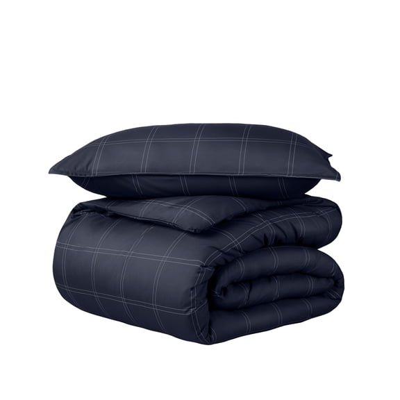 Bare Home Luxury Duvet Cover and Sham Set - Premium 1800 Collection - Ultra-Soft - Twin/Twin-XL, Modern Plaid - Midnight Blue/White, 3-Pieces