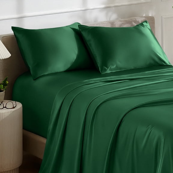 Bare Home Luxury Poly Satin Sheet Set for Hair and Skin, 15” Deep Pockets, California King, Forest Green