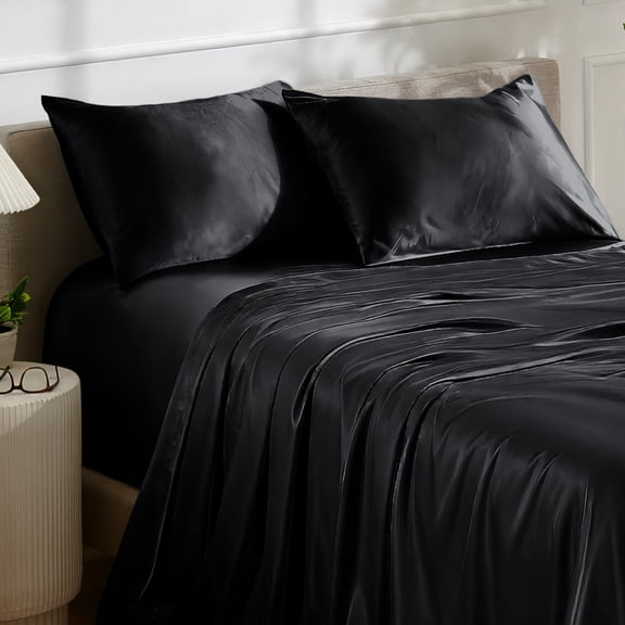 Bare Home Luxury Poly Satin Sheet Set for Hair and Skin, 15” Deep Pockets, Full, Black