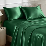 Bare Home Luxury Poly Satin Sheet Set for Hair and Skin, 15” Deep Pockets, Full, Forest Green