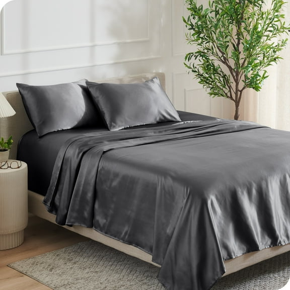 Bare Home Luxury Poly Satin Sheet Set for Hair and Skin, 15” Deep Pockets, Full, Gray