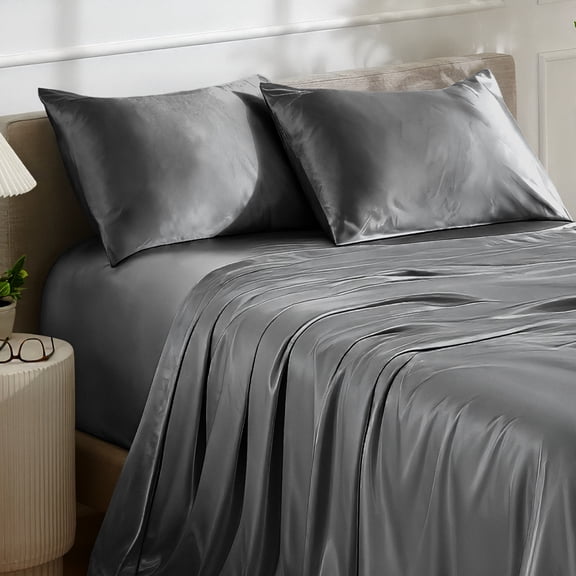 Bare Home Luxury Poly Satin Sheet Set for Hair and Skin, 15” Deep Pockets, Full, Gray