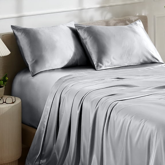 Bare Home Luxury Poly Satin Sheet Set for Hair and Skin, 15” Deep Pockets, Full, Silver