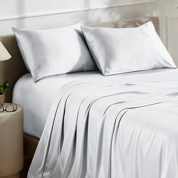 Bare Home Luxury Poly Satin Sheet Set for Hair and Skin, 15” Deep Pockets, Full, White