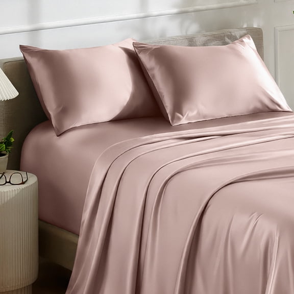 Bare Home Luxury Poly Satin Sheet Set for Hair and Skin, 15” Deep Pockets, King, Blush
