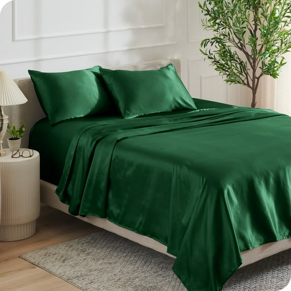 Bare Home Luxury Poly Satin Sheet Set for Hair and Skin, 15” Deep Pockets, King, Forest Green