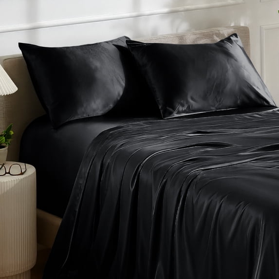 Bare Home Luxury Poly Satin Sheet Set for Hair and Skin, 15” Deep Pockets, Queen, Black